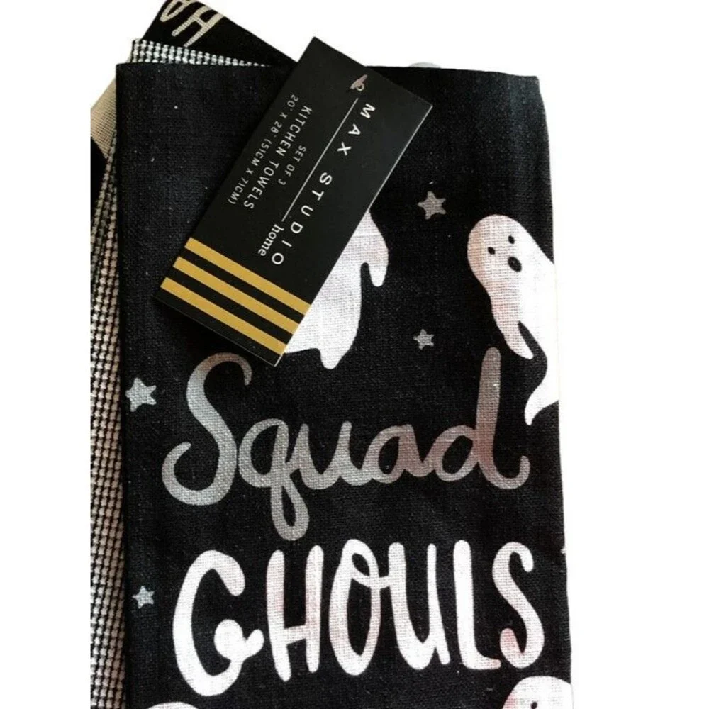 Max Studio Halloween Kitchen Dish Towels Squad Ghouls Black White Ghost Set of 3
